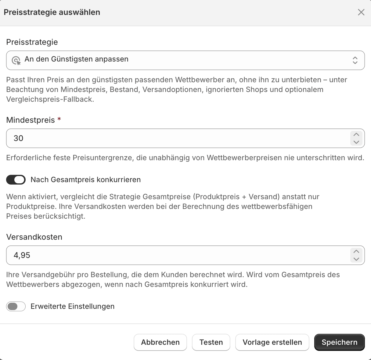 Dialog „Preisstrategie auswählen“ mit Strategie, Mindestpreis und Versandkosten