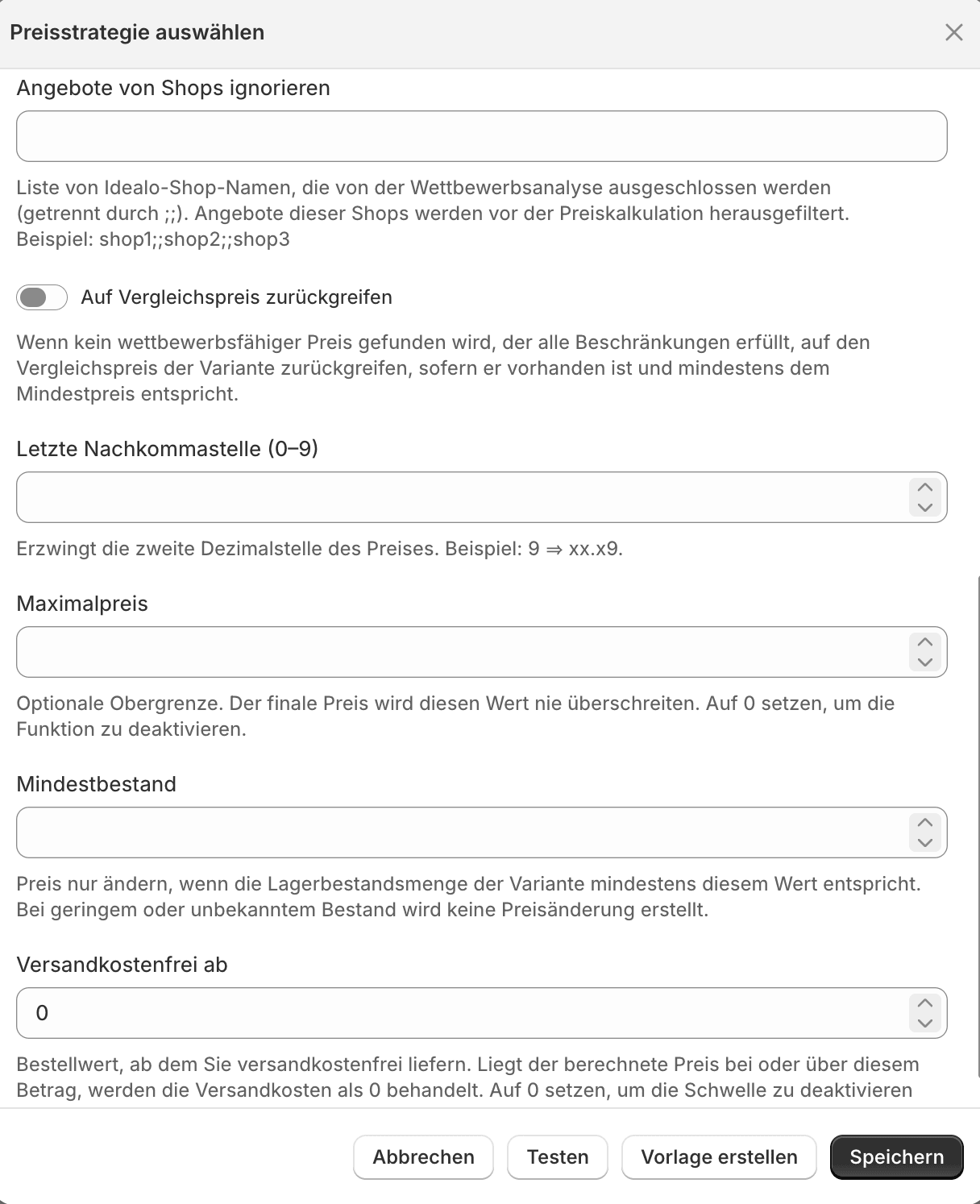 Erweiterte Einstellungen mit ignorierten Shops, Maximalpreis, Mindestbestand und mehr