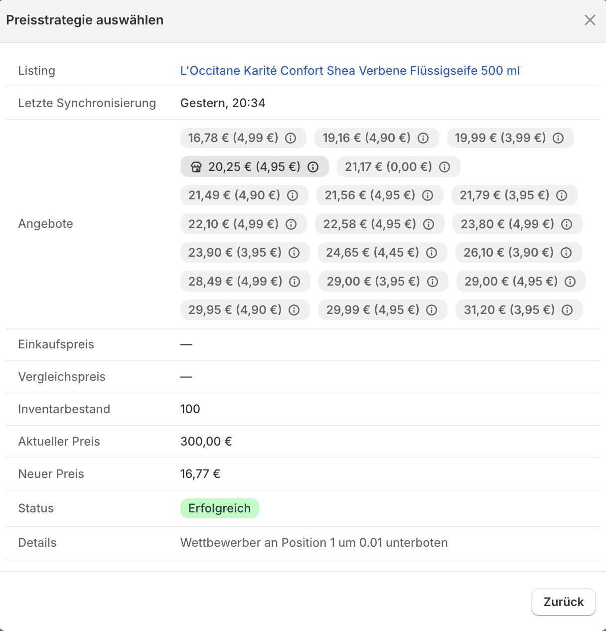 Testergebnis mit Angeboten, aktuellem und neuem Preis, Status und Details
