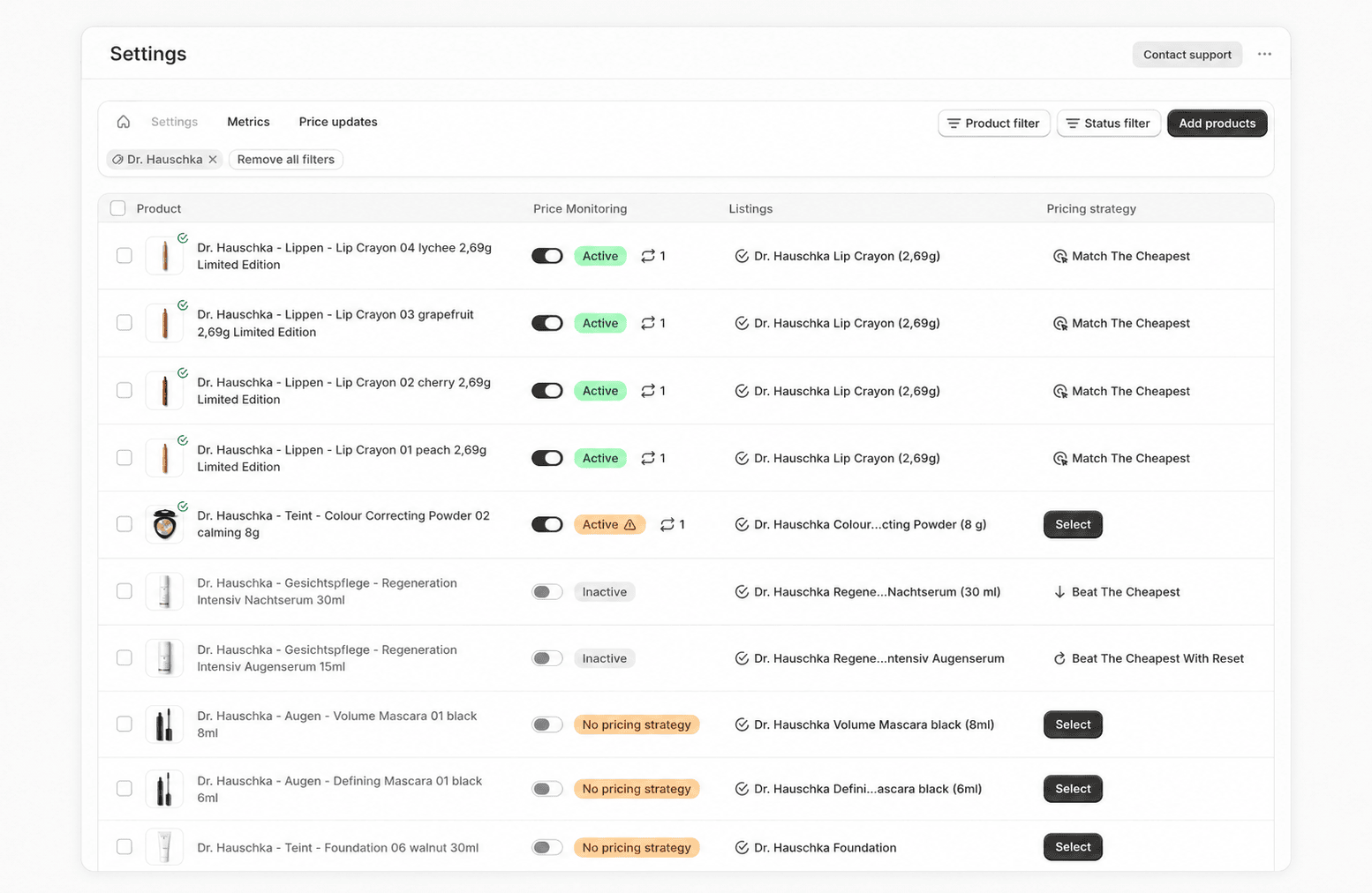 Product settings table with the columns Product, Price Monitoring, Listings, and Pricing strategy