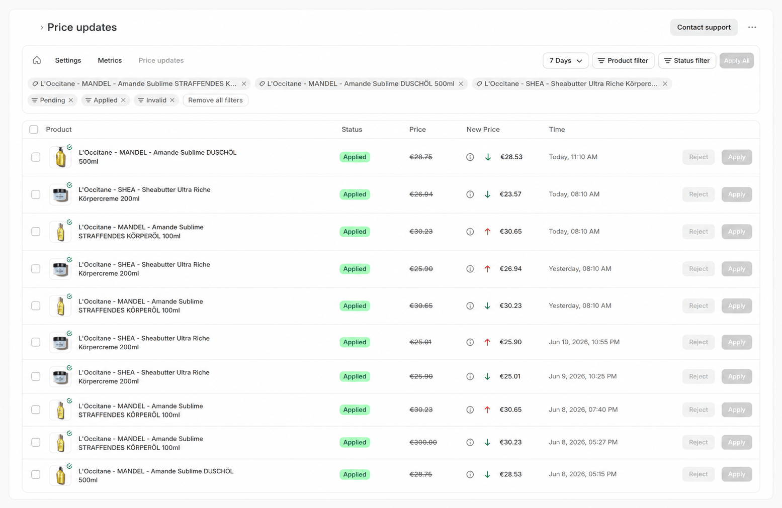 Price updates page with the filter chips 'Pending', 'Applied', and 'Invalid', the '7 days' time range, and a table of status badges, price arrows, and the 'Apply' and 'Reject' buttons