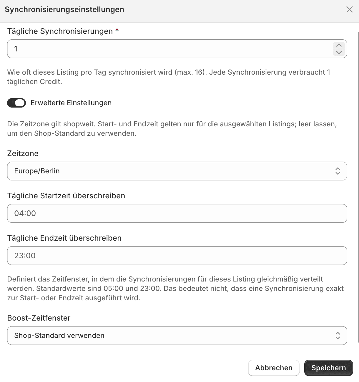 Modal „Synchronisierungseinstellungen“ mit täglichen Synchronisierungen, Zeitzone und Boost-Zeitfenster