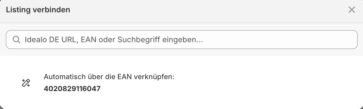 Modal „Listing verbinden“ mit Suchfeld und automatischem Vorschlag über die EAN