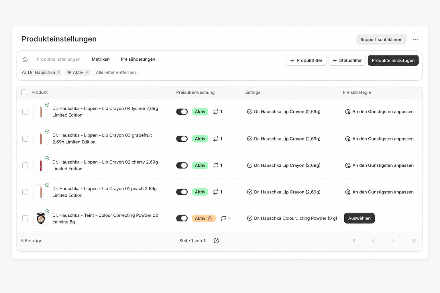 Tabelle der Produkteinstellungen mit den Spalten Produkt, Preisüberwachung, Listings und Preisstrategie