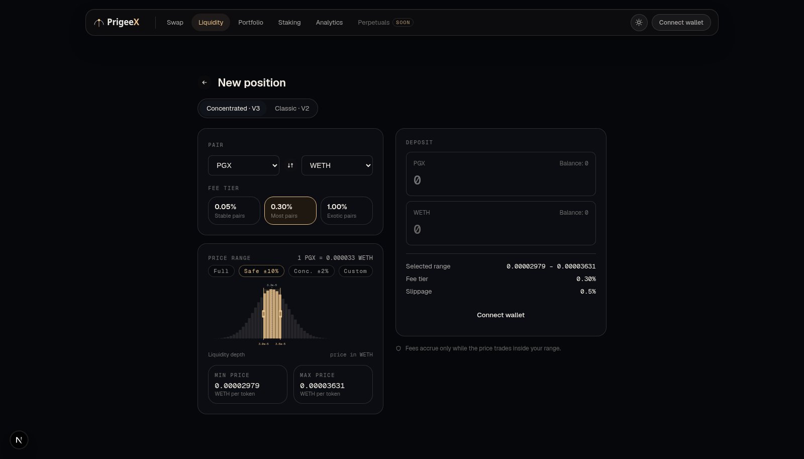 Concentrated range selector with liquidity depth chart