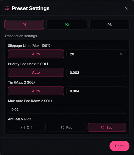 Preset Settings: slippage, priority fee, tip, max auto fee, and Anti-MEV Off/Red/Sec