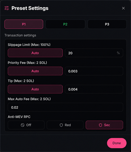 Preset Settings: slippage, priority fee, tip, max auto fee, and Anti-MEV Off/Red/Sec