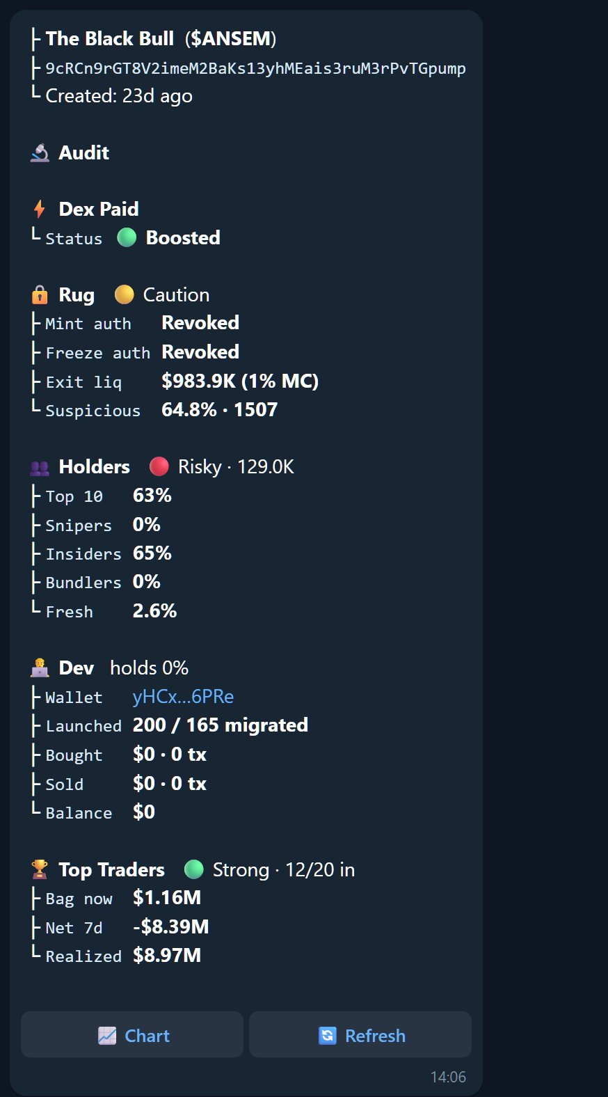 The audit reply: Dex Paid, Rug, Holders, Dev, and Top Traders blocks with verdicts