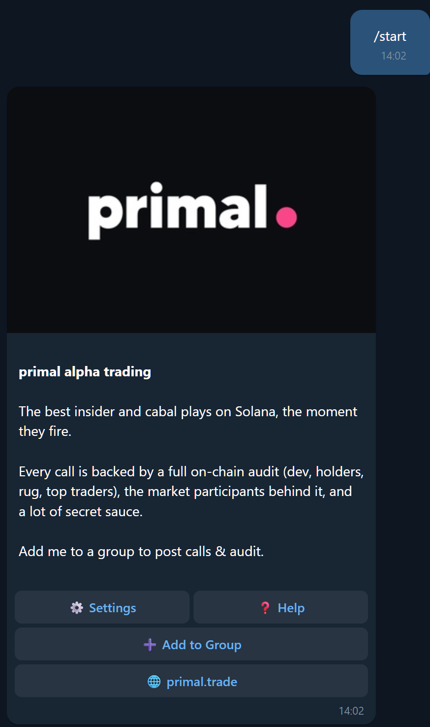 The /start reply: the primal. banner, what the bot does, and the setup buttons