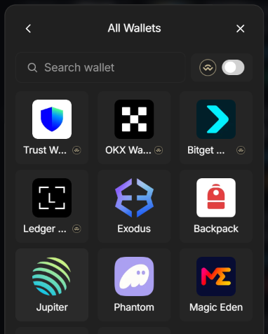The wallet grid in the connect modal: Phantom, Backpack, Solflare, Jupiter, Magic Eden, Exodus, Trust, OKX, Bitget, Ledger