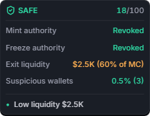 The Safety panel with authority status, liquidity, suspicious wallets and a reason line
