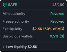 The Safety panel with authority status, liquidity, suspicious wallets and a reason line