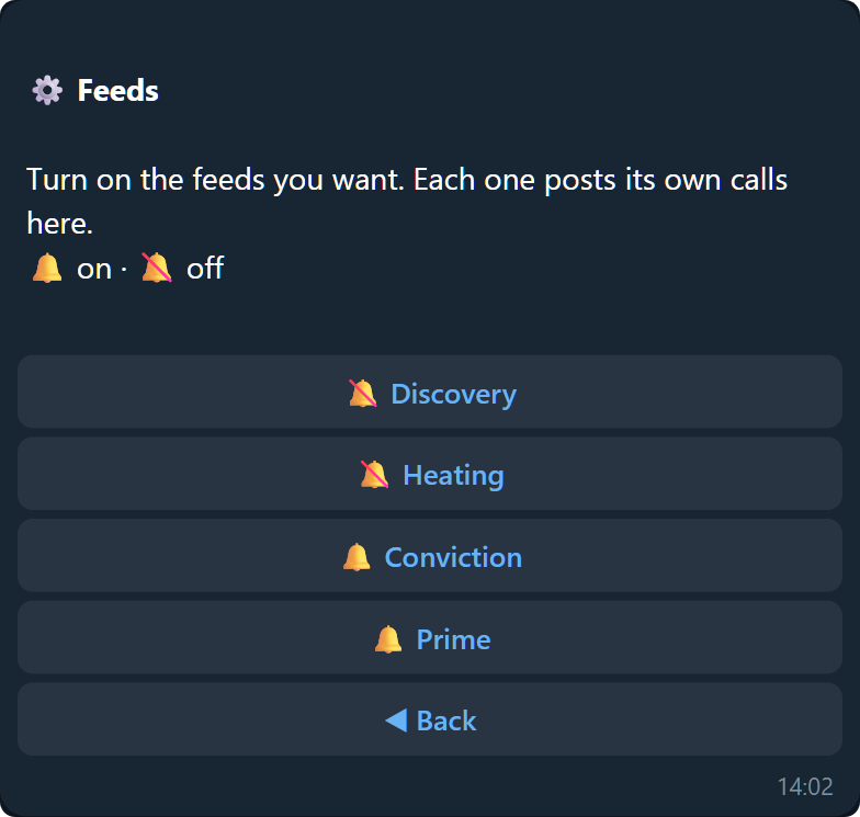 The /feeds panel: one toggle per feed, here with Conviction and Prime on and the earlier lanes muted