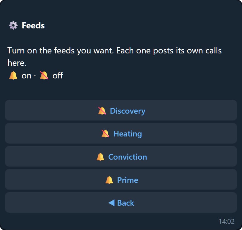 The /feeds panel: one toggle per feed, here with Conviction and Prime on and the earlier lanes muted