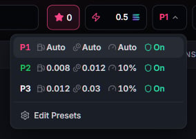 The preset selector: P1 on Auto, P2 and P3 with manual values, Edit Presets below
