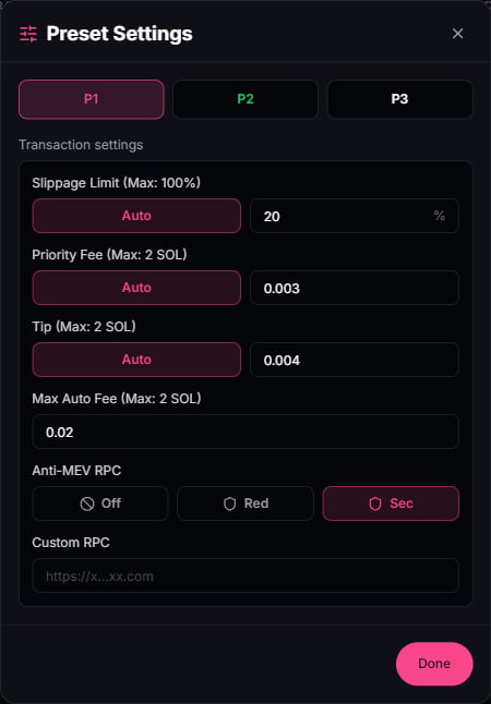 Preset Settings: slippage, priority fee, tip, max auto fee, Anti-MEV Off/Red/Sec, custom RPC