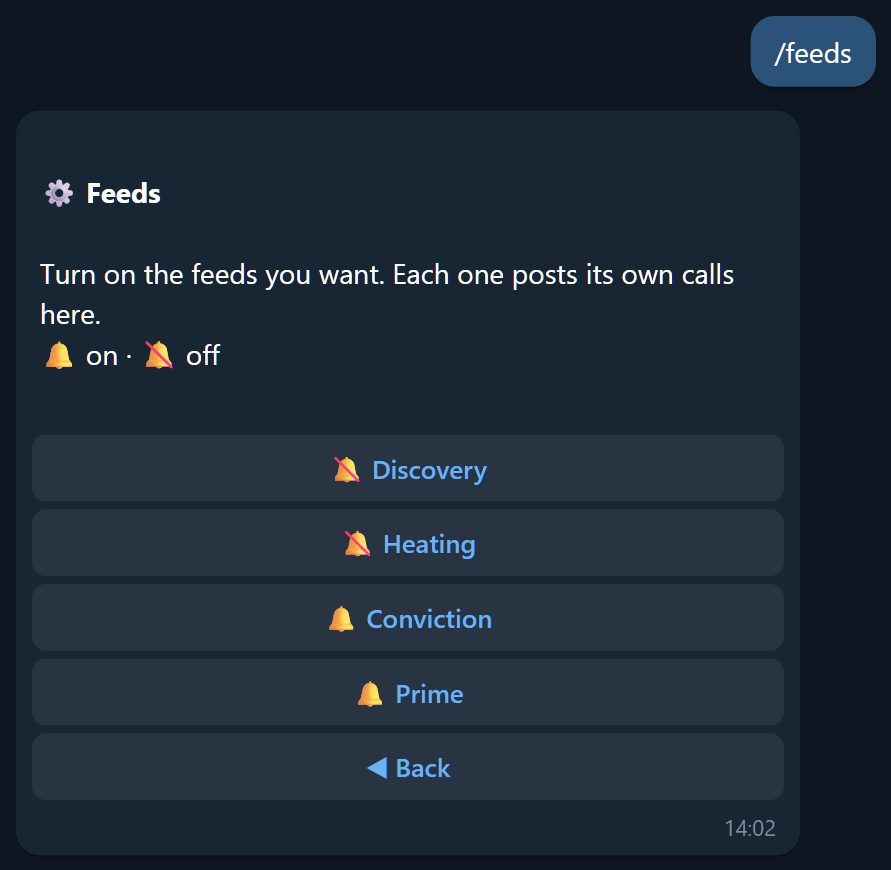 The /feeds panel: one toggle per feed, here with Conviction and Prime on and the earlier lanes muted
