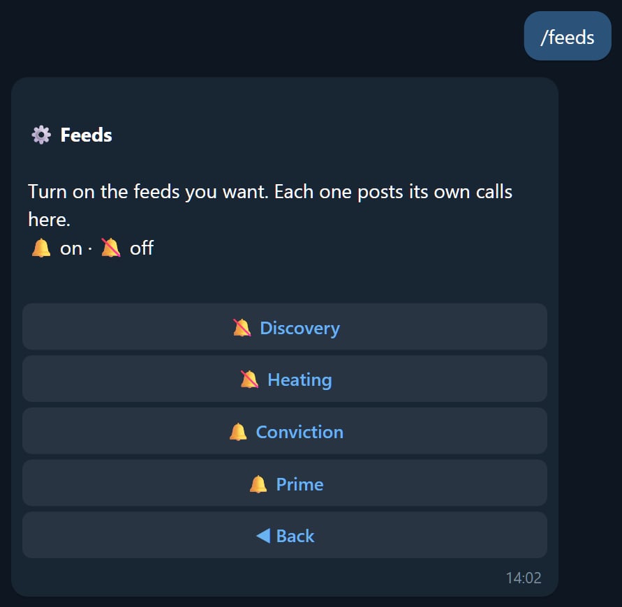 The /feeds panel: one toggle per feed, here with Conviction and Prime on and the earlier lanes muted