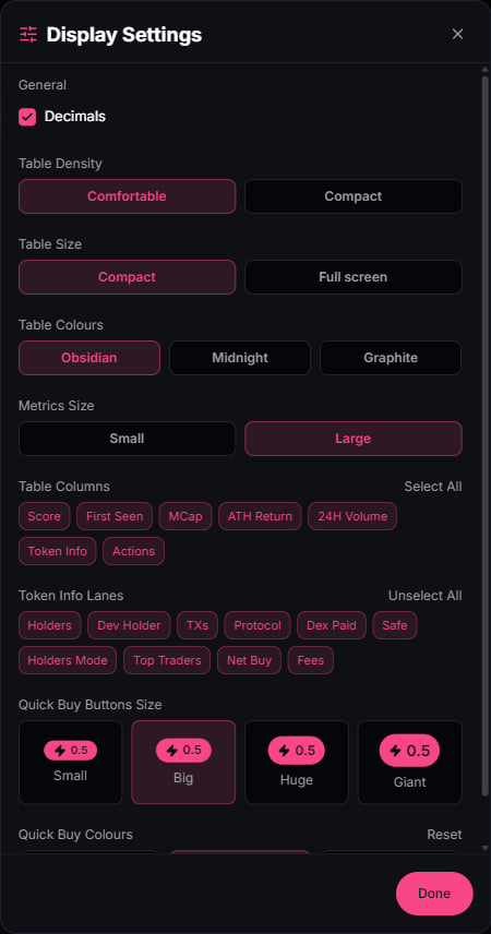 Display Settings: density, table size, colours, metrics size, columns, token info lanes, quick-buy size and colours