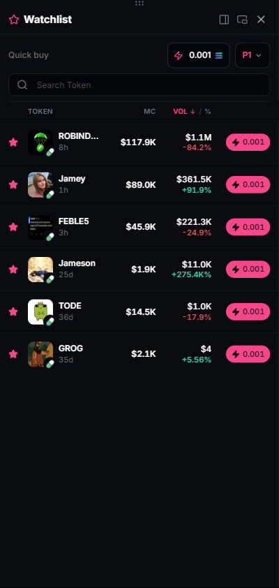 The Watchlist dock: starred tokens with live mcap, volume, and quick-buy