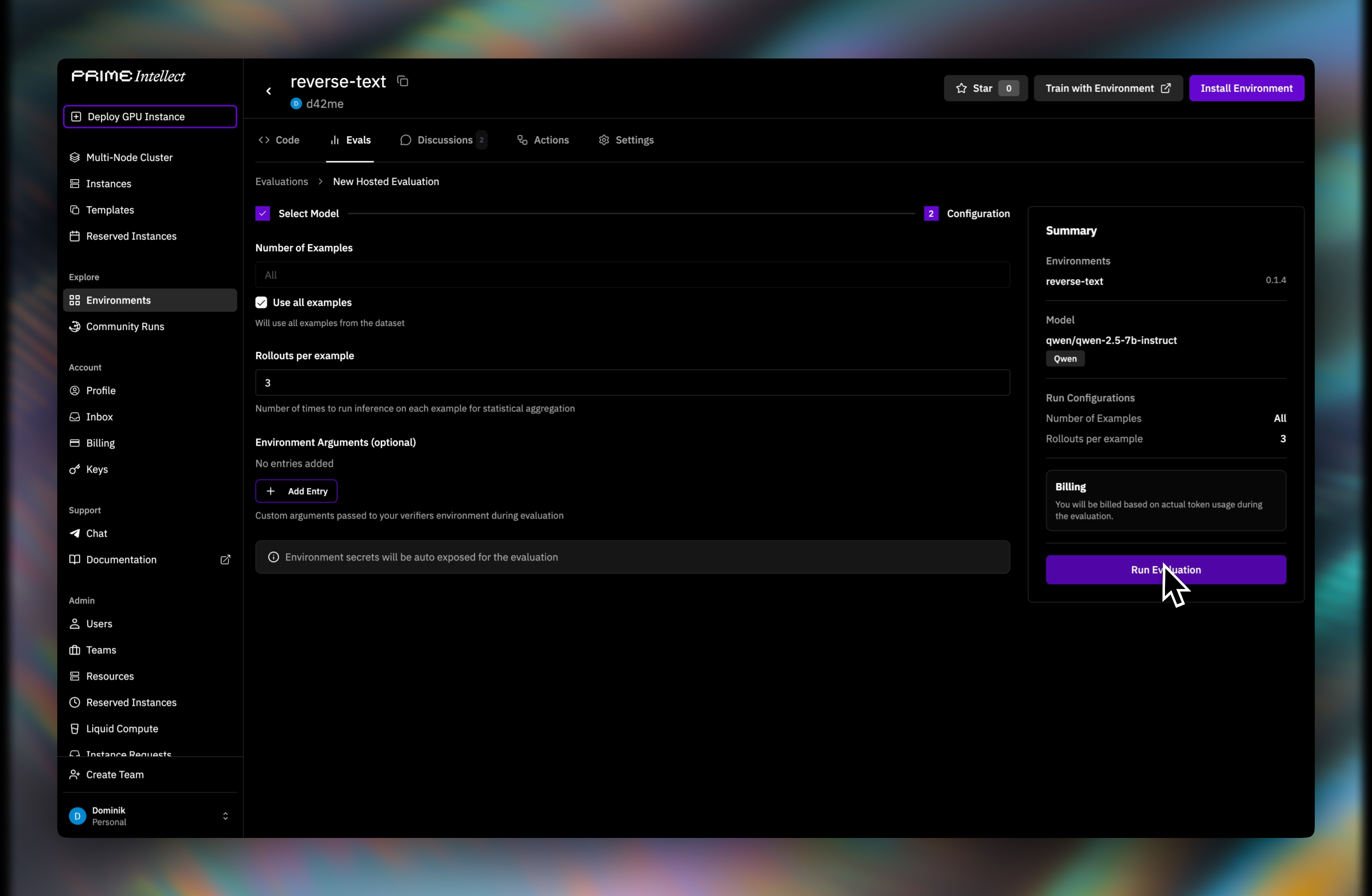 Configuration page with evaluation parameters and summary panel