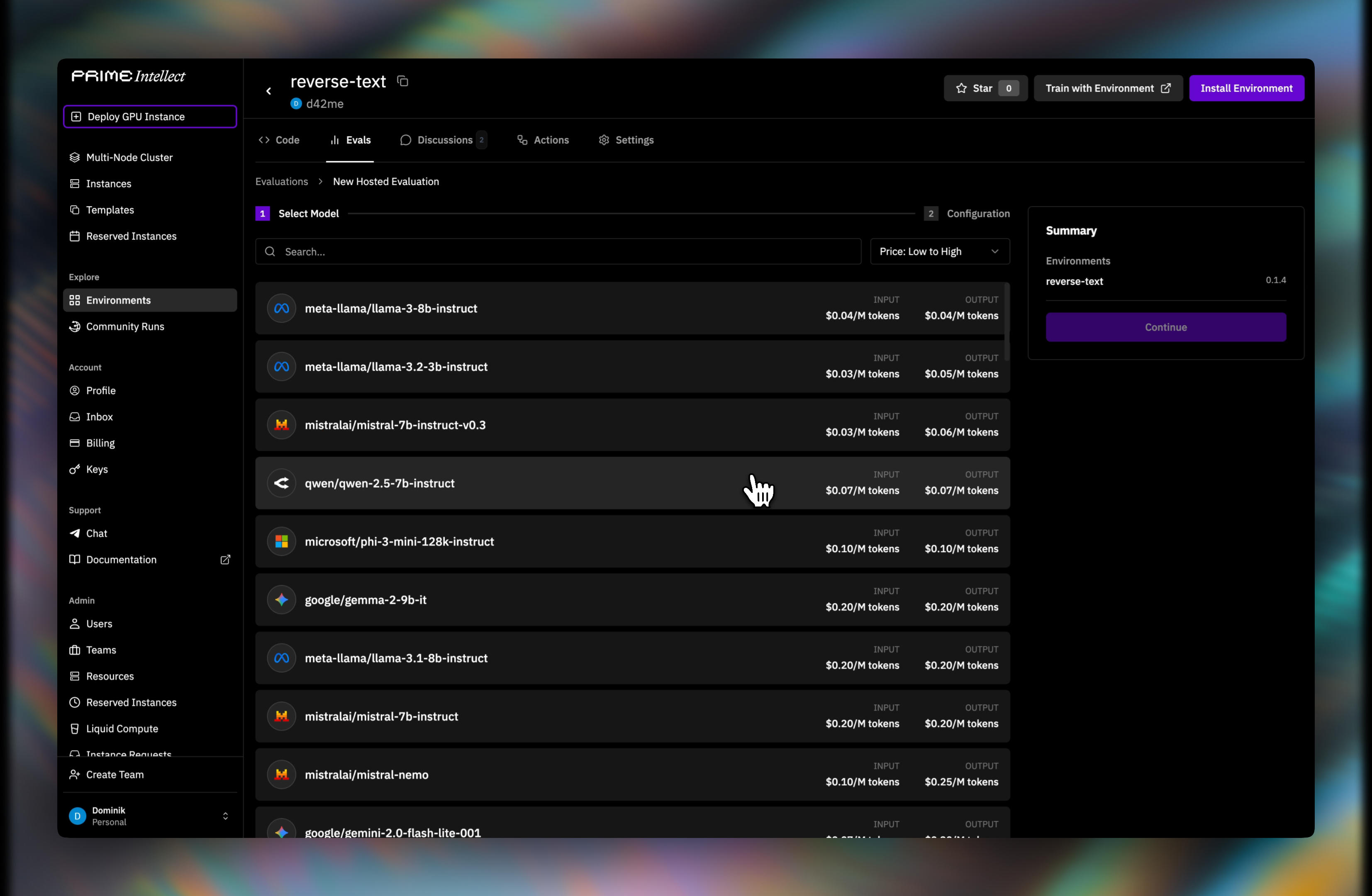 Model selection interface showing various inference models with pricing