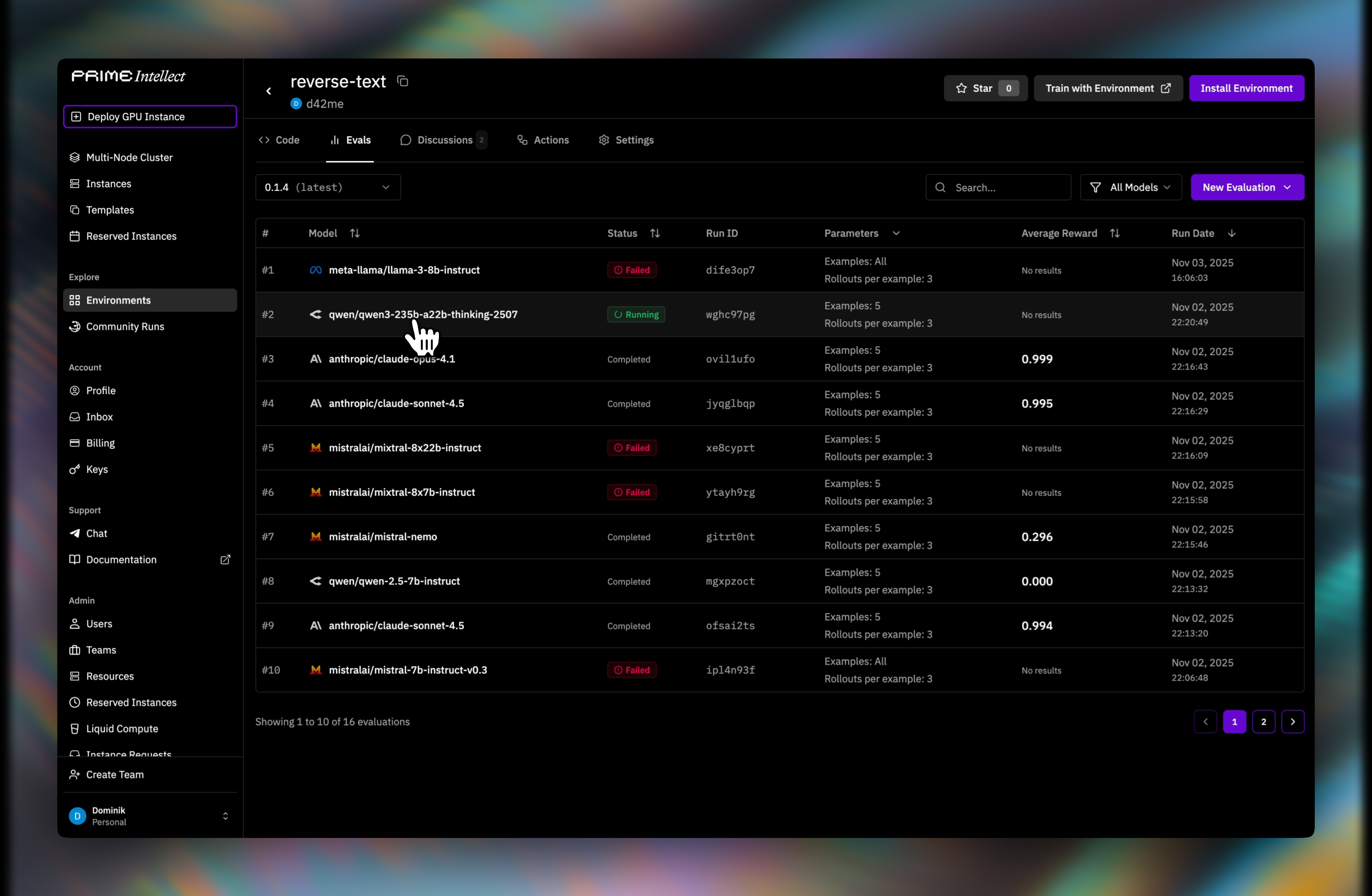 Evaluations list showing multiple runs with different statuses