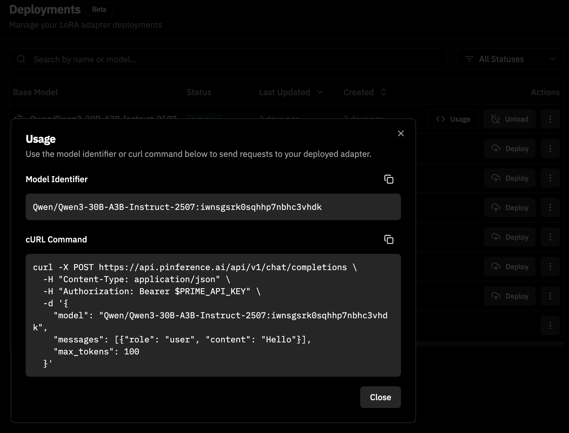 Deployments dashboard