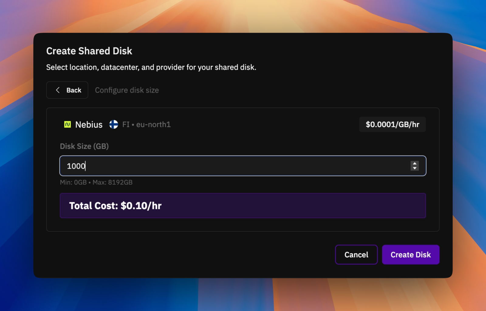 Enter disk size