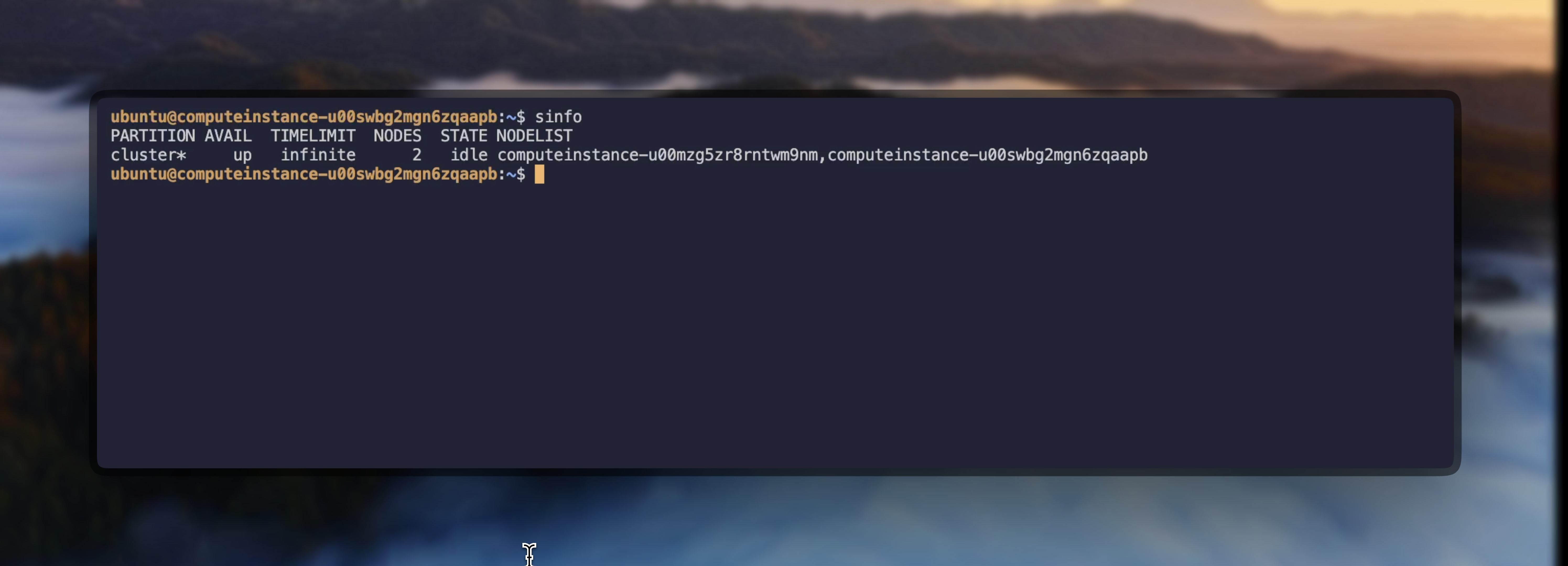 Slurm cluster status verification with sinfo command