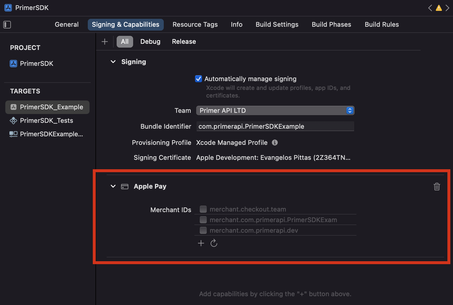 Apple Pay capability settings in Xcode