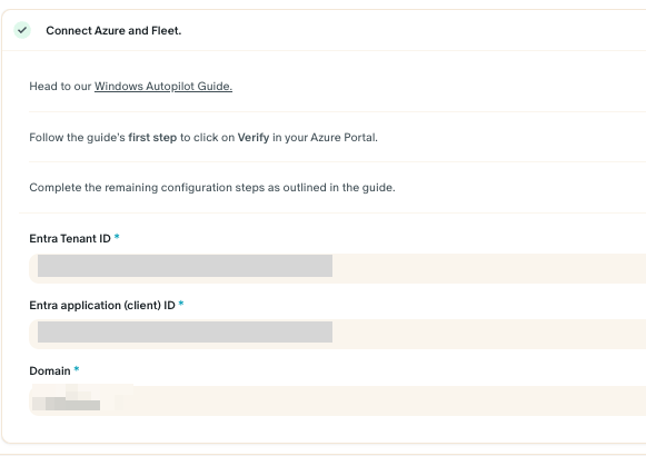 Screenshot: Step 3 of the Windows Autopilot setup, Connect Azure and Fleet