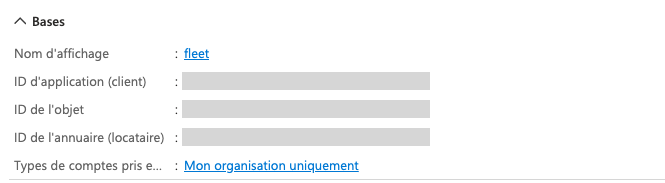 Screenshot: Application (client) ID and Directory (tenant) ID on the Overview page of the Fleet application
