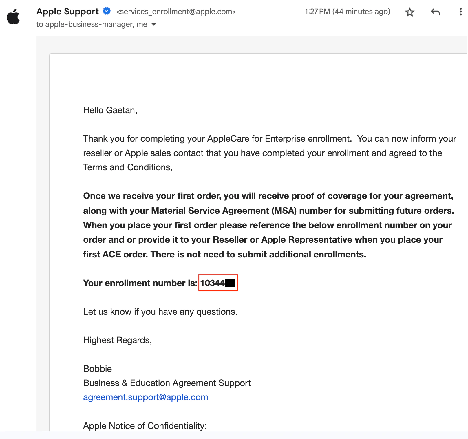 Screenshot: Create an Apple Care Enterprise account (if you do not already have one)