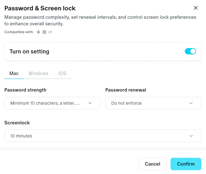 Captura de pantalla: Política de contraseñas y bloqueo de pantalla automático