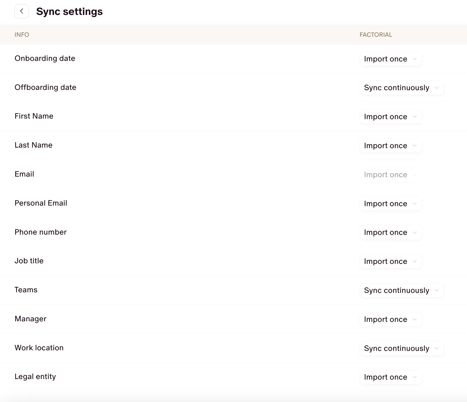 Screenshot: Define how fields are synchronized