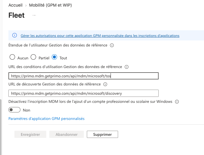 Screenshot: Filling in the MDM terms of use URL and MDM discovery URL fields