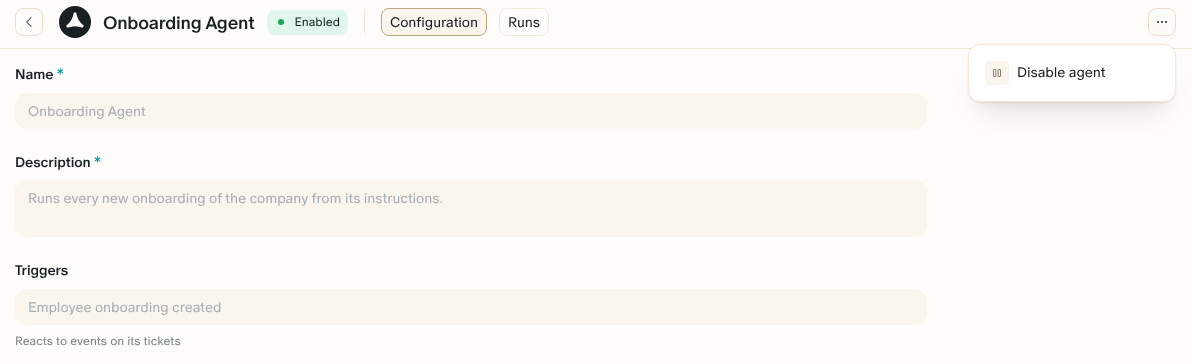 The Onboarding Agent page with its menu open on Disable agent, and the name, description, and trigger locked by Primo