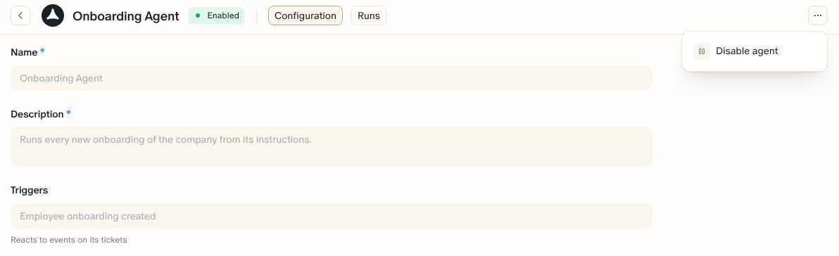 The Onboarding Agent page with its menu open on Disable agent, and the name, description, and trigger locked by Primo