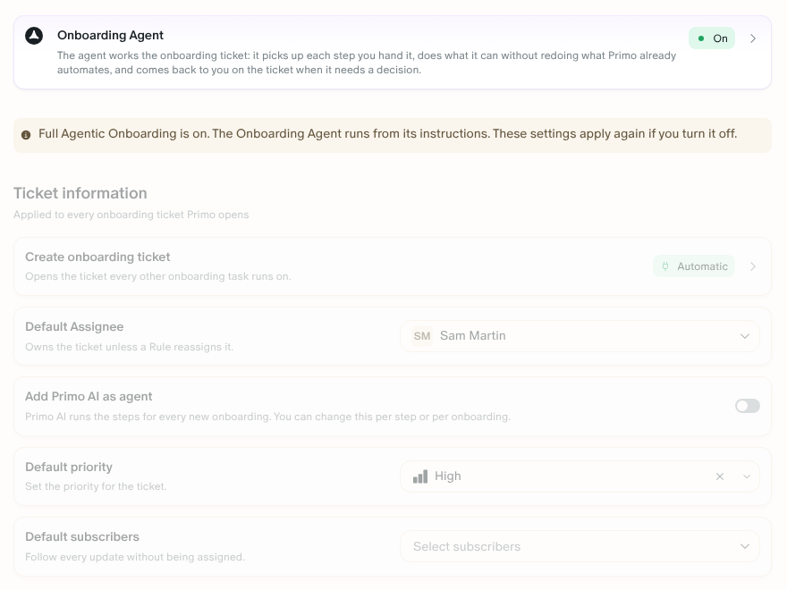 The Onboarding Agent card reading On, the Full Agentic Onboarding banner, and the onboarding settings greyed out below