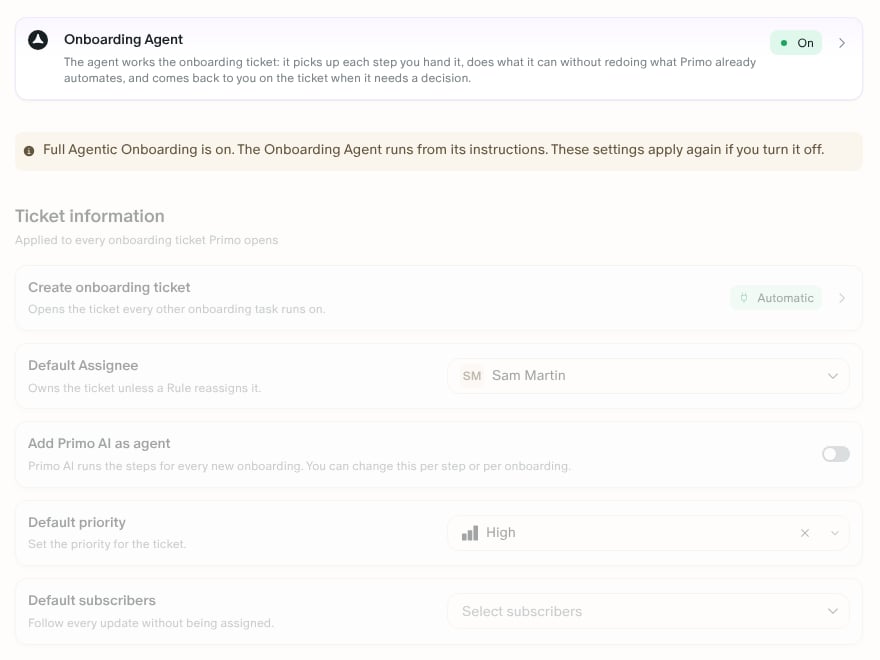 The Onboarding Agent card reading On, the Full Agentic Onboarding banner, and the onboarding settings greyed out below