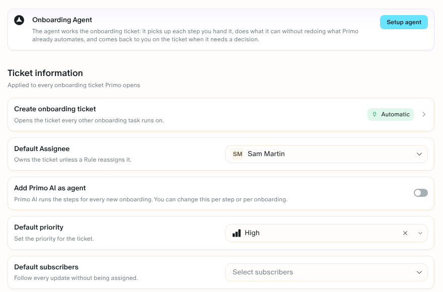 The Onboarding Agent card at the top of the Onboarding settings, with its Setup agent button
