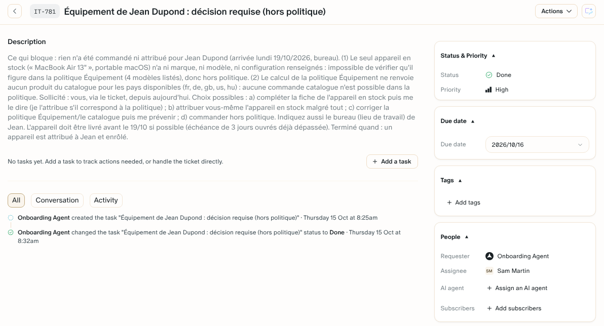 A task the Onboarding Agent gave the IT owner: what is blocked, who was asked, and the choices