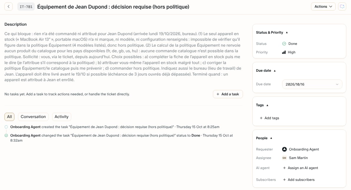 A task the Onboarding Agent gave the IT owner: what is blocked, who was asked, and the choices