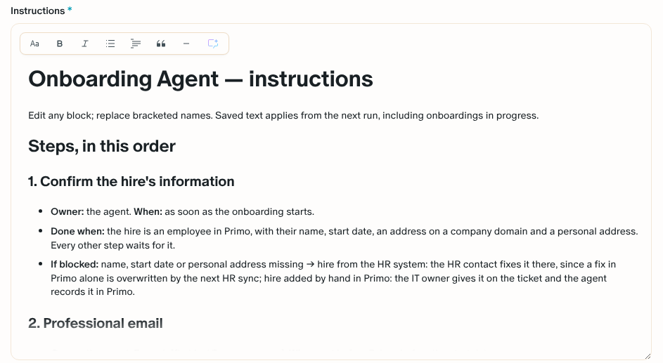 The Instructions field of the Onboarding Agent, prefilled with Primo's template, and the Primo AI button at the end of its toolbar