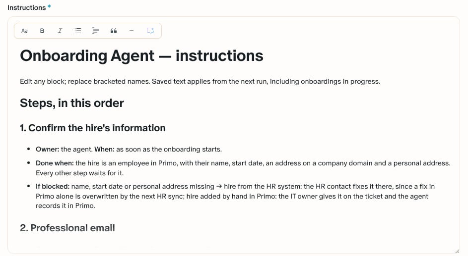 The Instructions field of the Onboarding Agent, prefilled with Primo's template, and the Primo AI button at the end of its toolbar