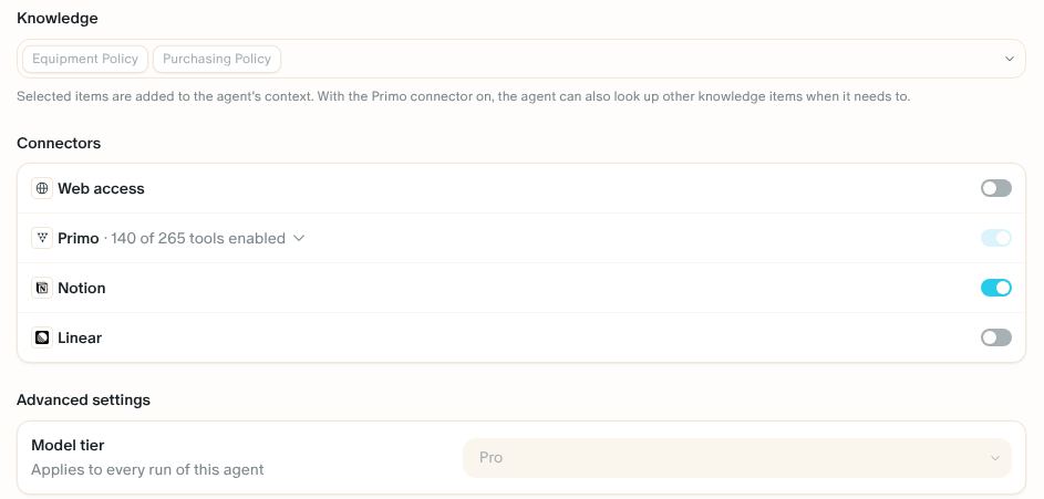 The Knowledge field with the Equipment and Purchasing policies locked, the Connectors with Web access, and the model tier set by Primo