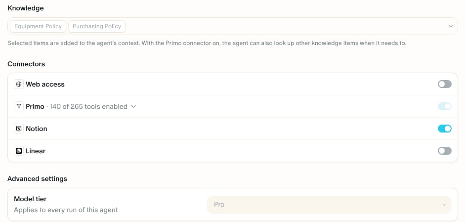The Knowledge field with the Equipment and Purchasing policies locked, the Connectors with Web access, and the model tier set by Primo