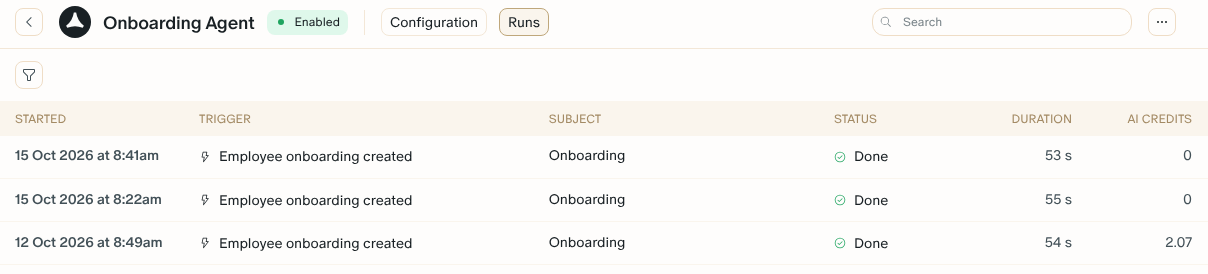 The Runs tab of the Onboarding Agent: one run per new onboarding, its trigger, status, and AI credits