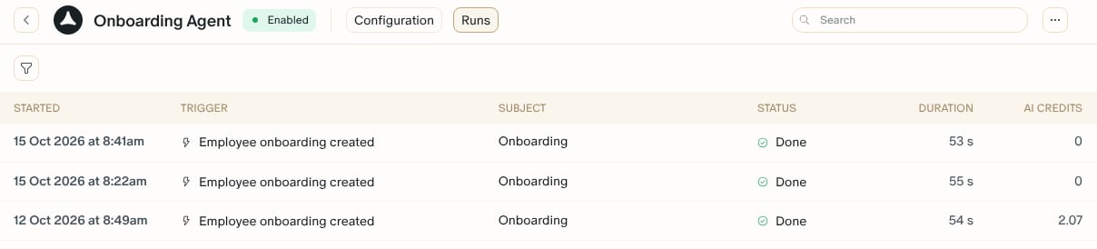 The Runs tab of the Onboarding Agent: one run per new onboarding, its trigger, status, and AI credits